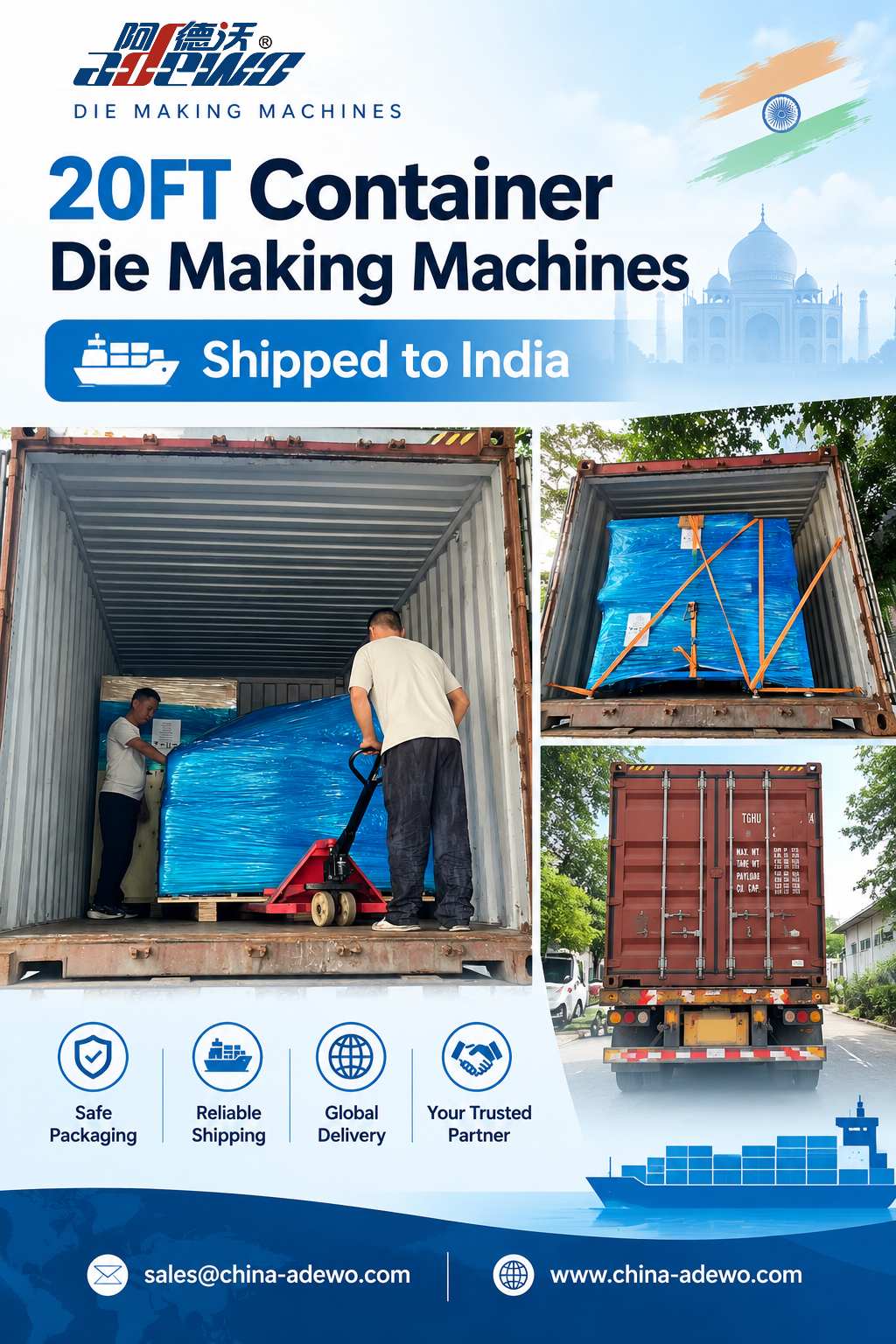 ADEWO sender fire nøglemaskinemodeller til Indien i en fuld container, hvilket forbedrer lokale produktionslinjer